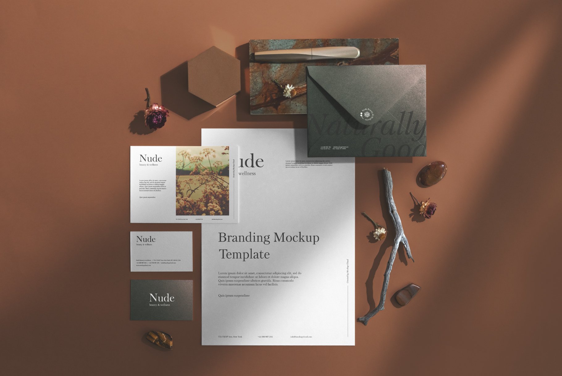 优雅带有阴影品牌VI设计提案办公文创名片贺卡信封展示样机 Nude Branding Mockup_img_2