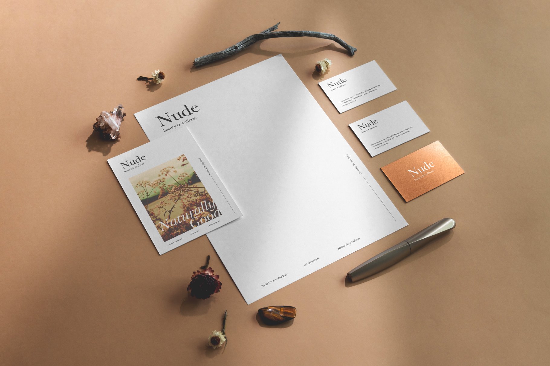 优雅带有阴影品牌VI设计提案办公文创名片贺卡信封展示样机 Nude Branding Mockup_img_2