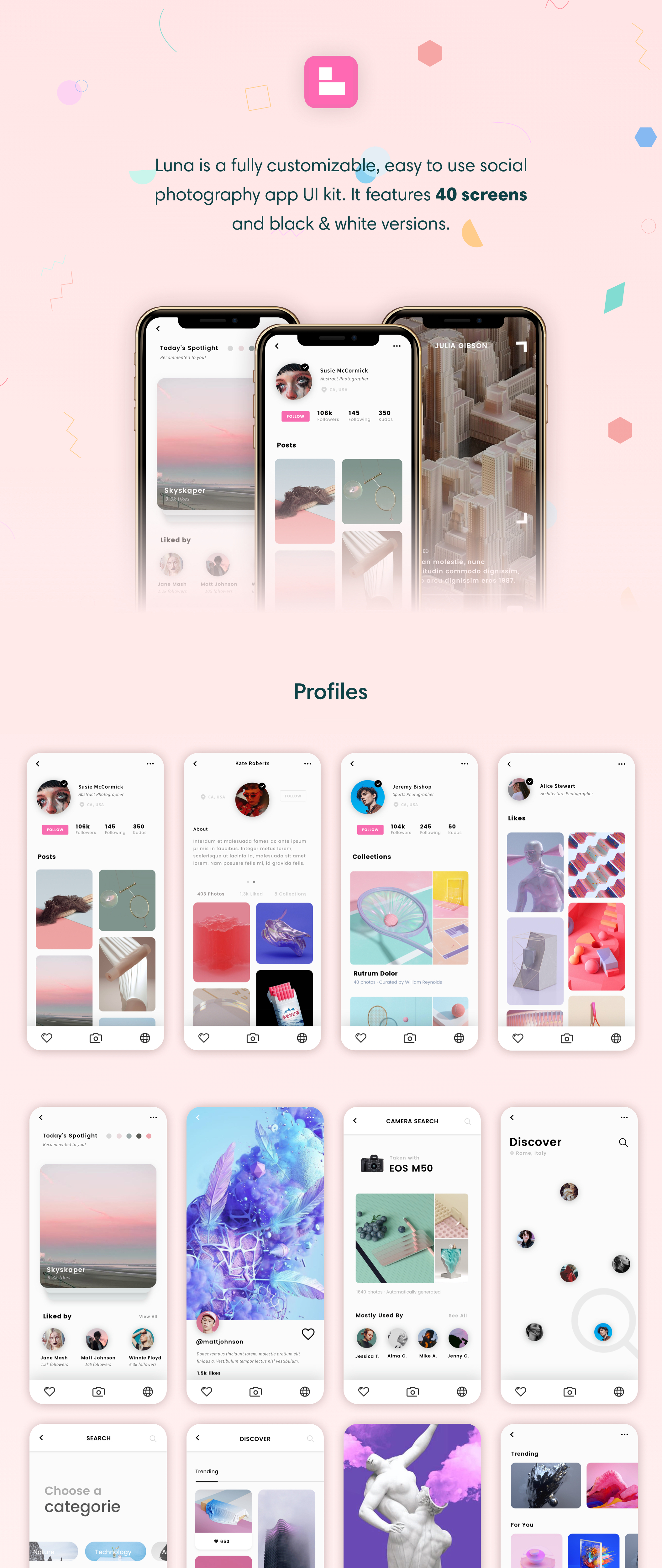 时尚优雅摄影照片展示IOS APP UI工具包 Luna Photo App UI Kit_img_2