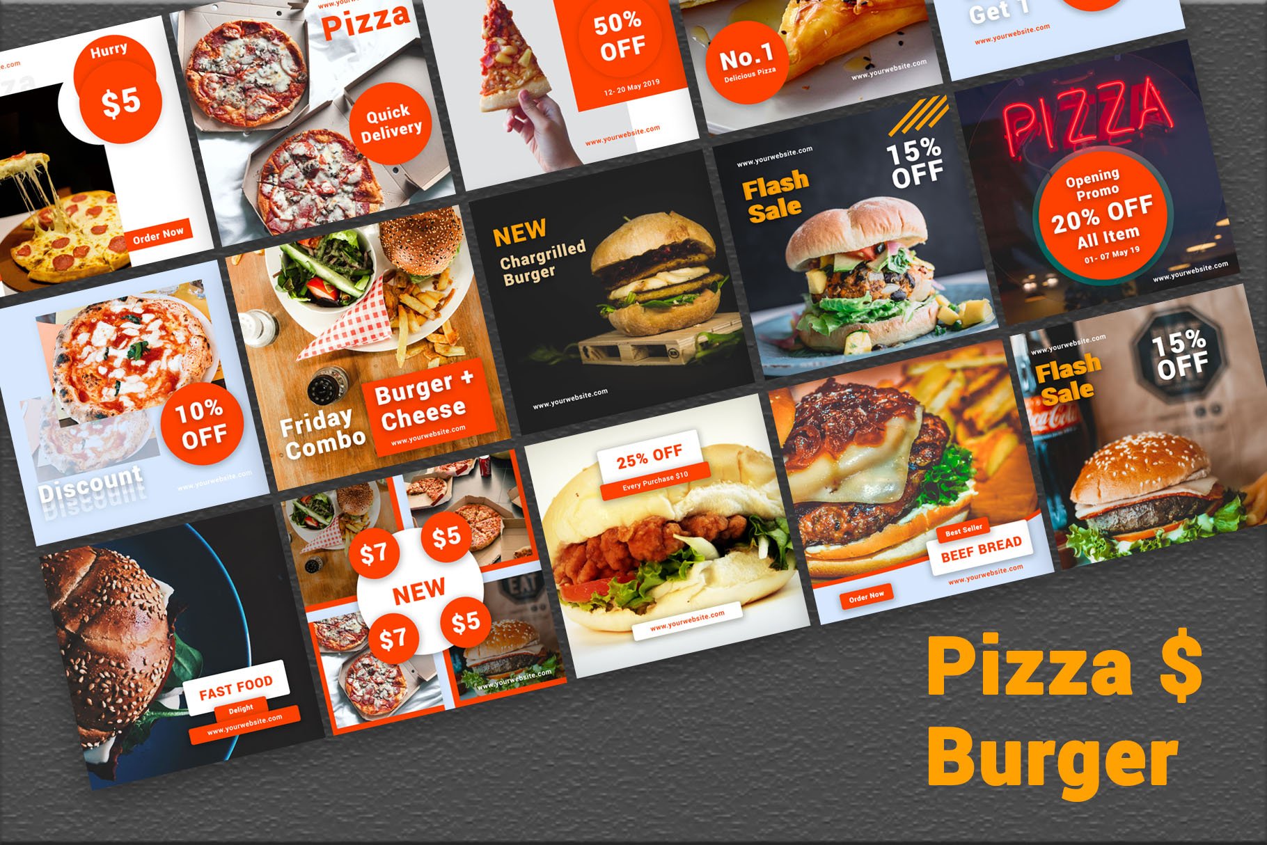 方形汉堡披萨营销PSD海报朋友圈INS风模板 Pizza & Burger- Social Media Bundle_img_2