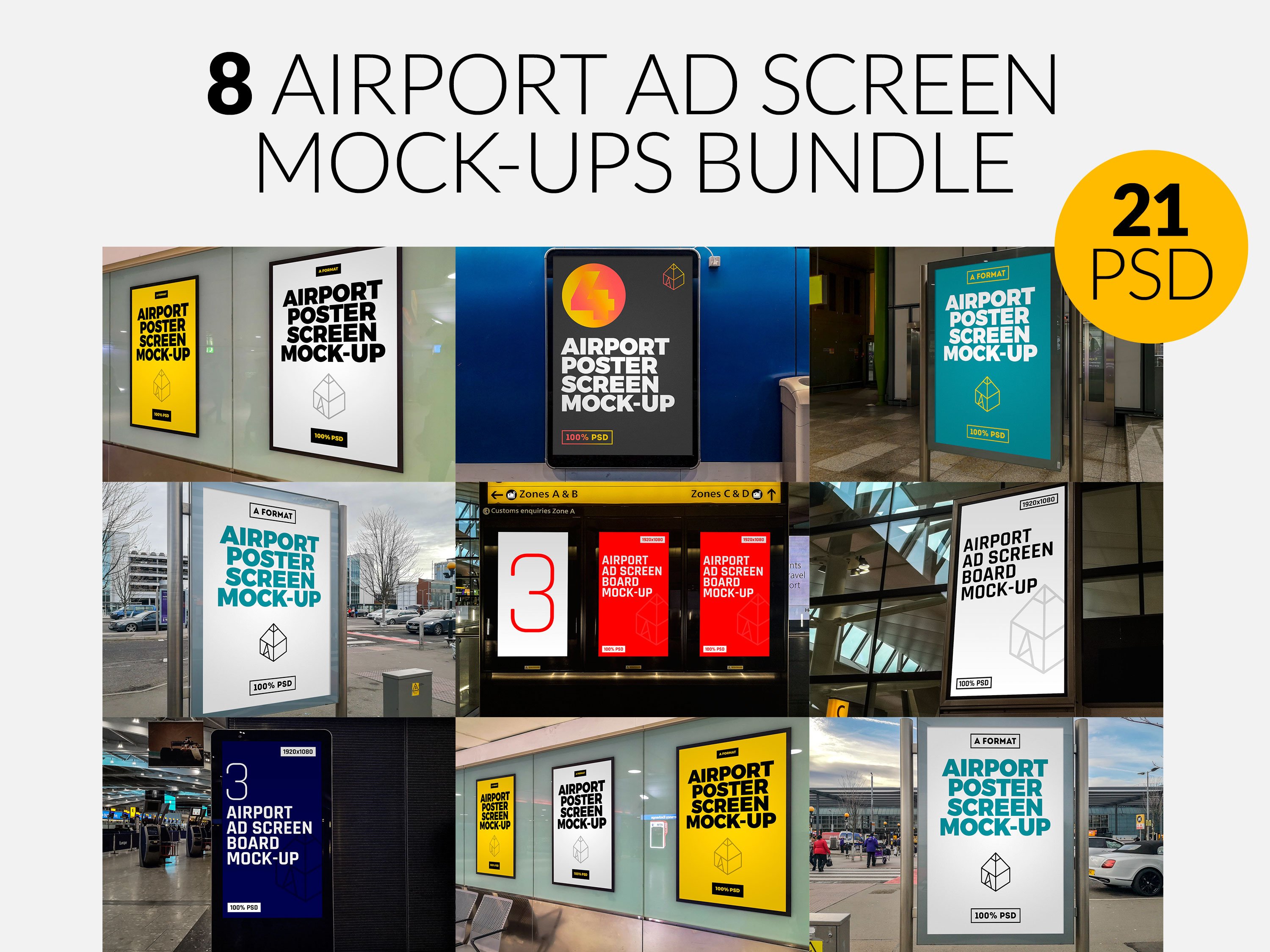 8款机场地铁商场户外灯箱广告展示样机 8 Airport Ad Screen Mock-Ups Set_img_2