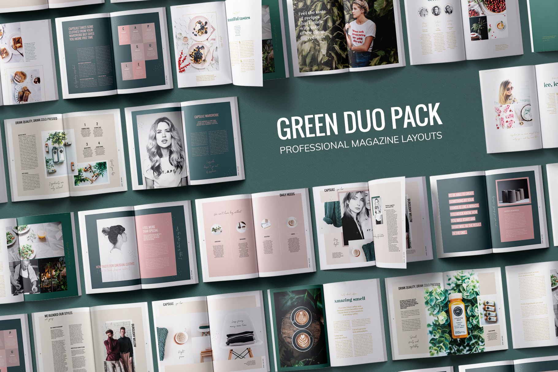 绿色烹饪料理男女服装营销INDD画册模板 Green Duo Pack Magazine Templates_img_2