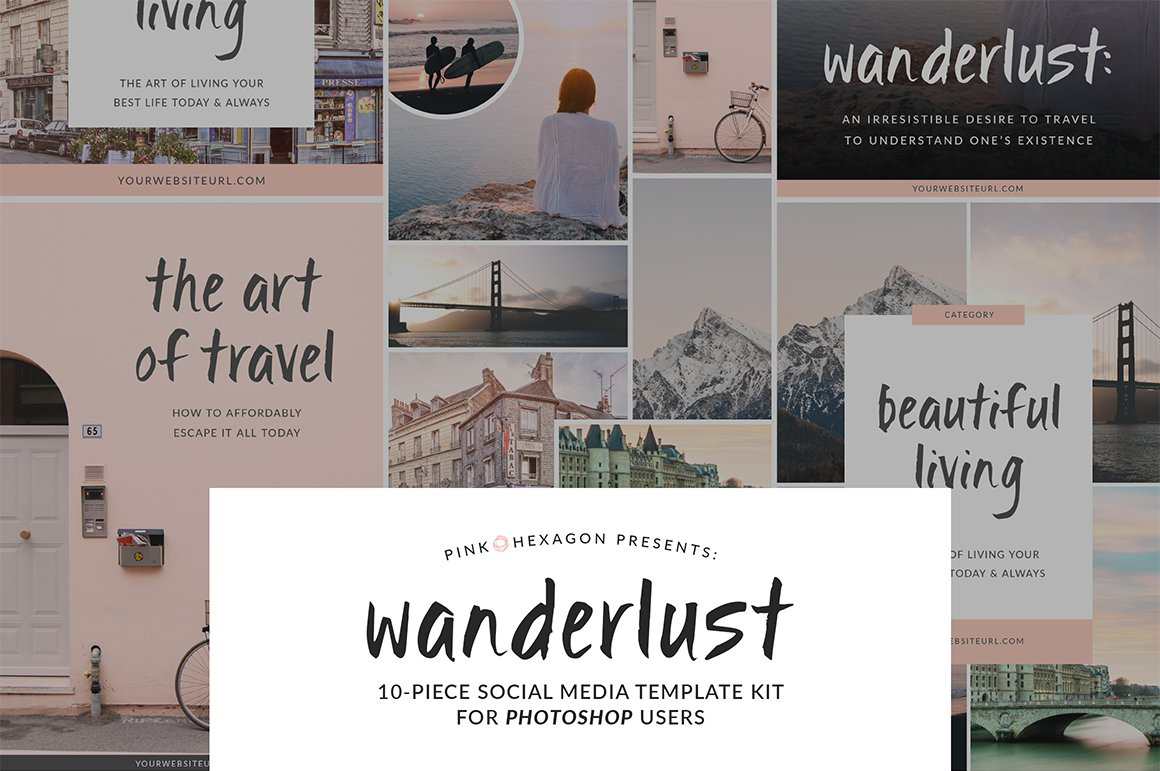 女性旅游摄影照片展示PSD海报Instagram模板 Wanderlust 10 Social Media Templates_img_2