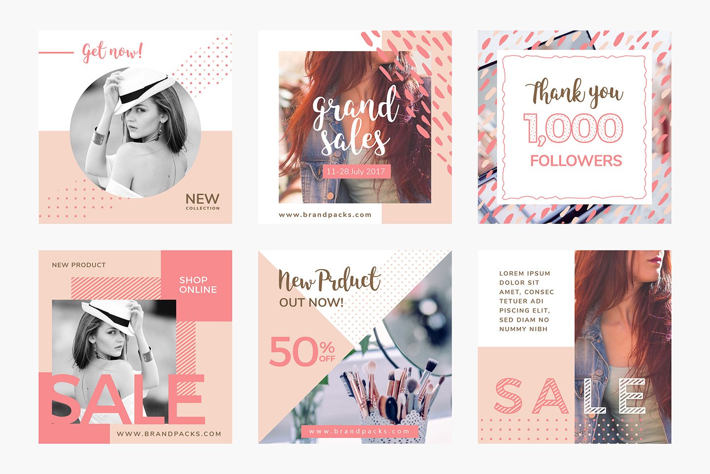 粉色系女性化妆品服装电商营销海报Instagram模板 Social Media Templates Pack Vol.5_img_2