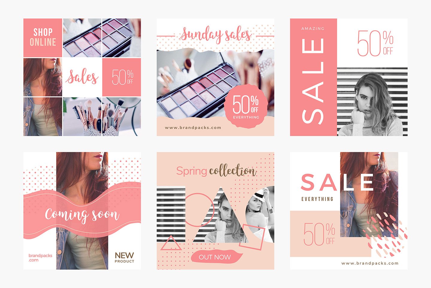 粉色系女性化妆品服装电商营销海报Instagram模板 Social Media Templates Pack Vol.5_img_2