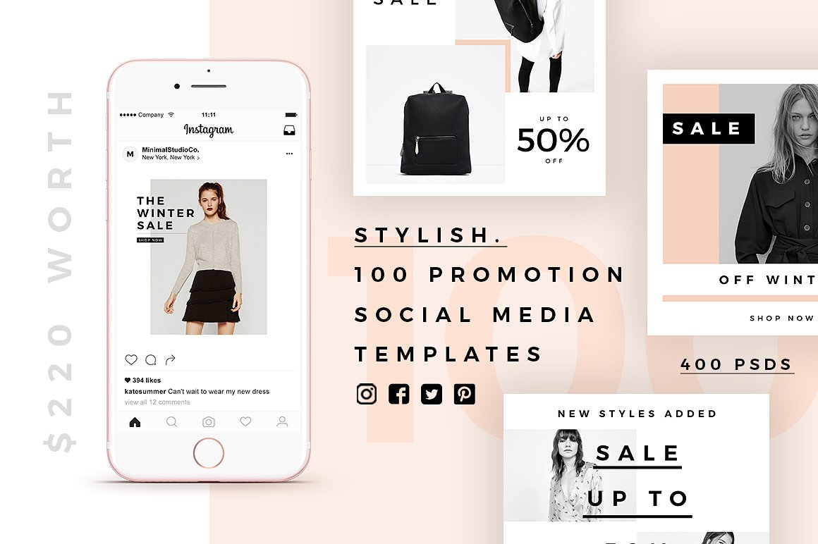 极简服装品牌电商营销广告PSD海报Instagram模板 Stylish - 100 Social Media Templates_img_2