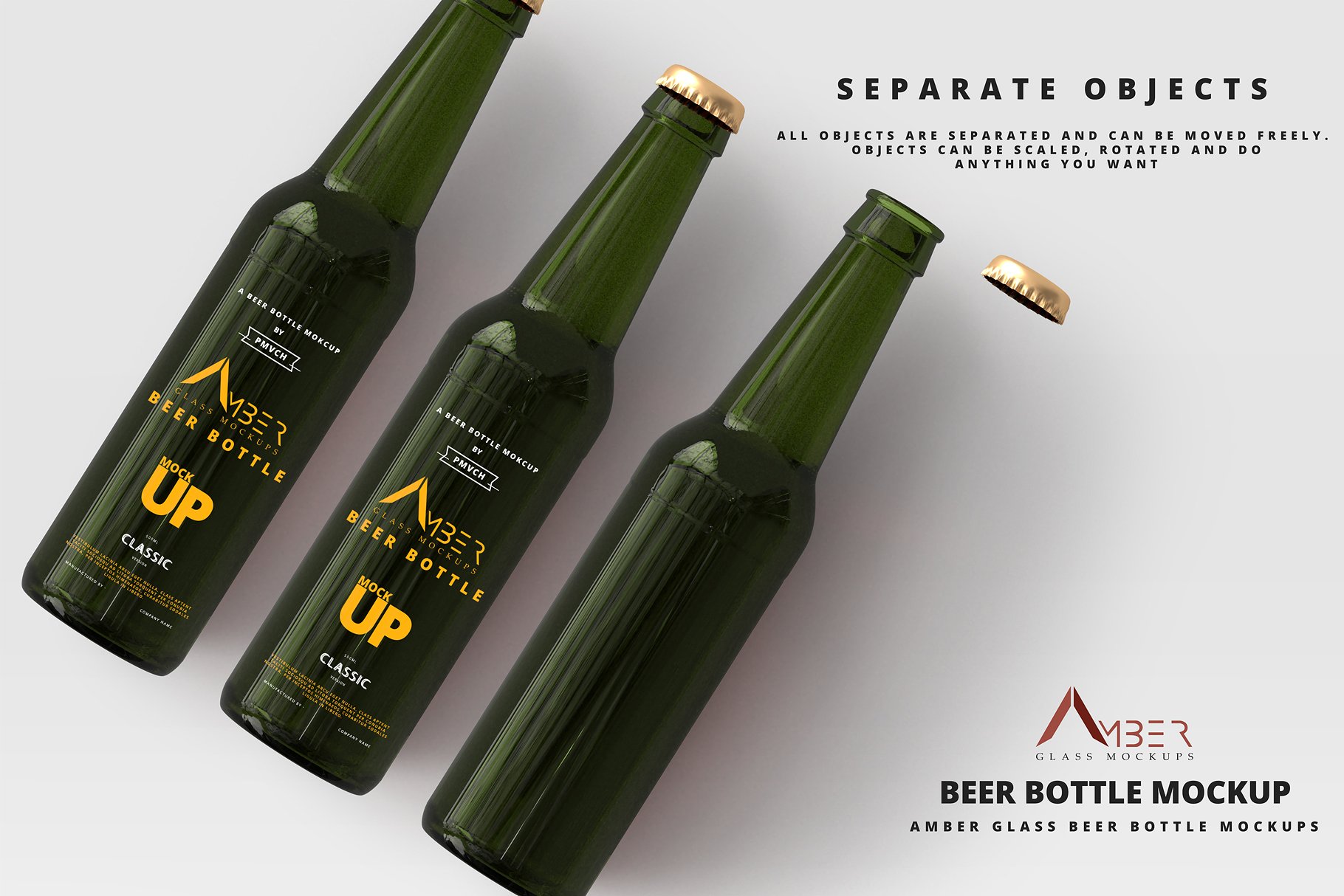 啤酒LOGO标签设计提案展示样机PSD智能贴图模板 Amber Glass Beer Bottle Mockup_img_2