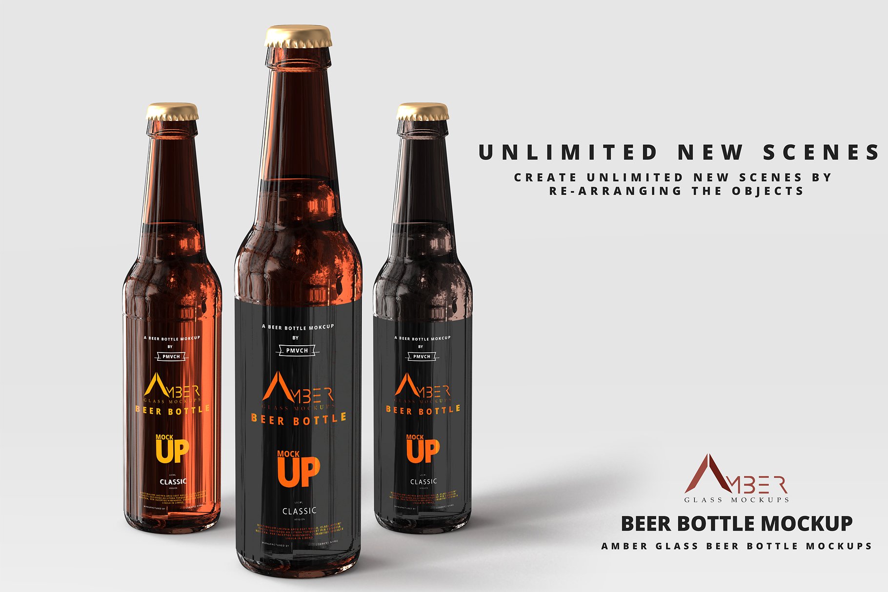 啤酒LOGO标签设计提案展示样机PSD智能贴图模板 Amber Glass Beer Bottle Mockup_img_2