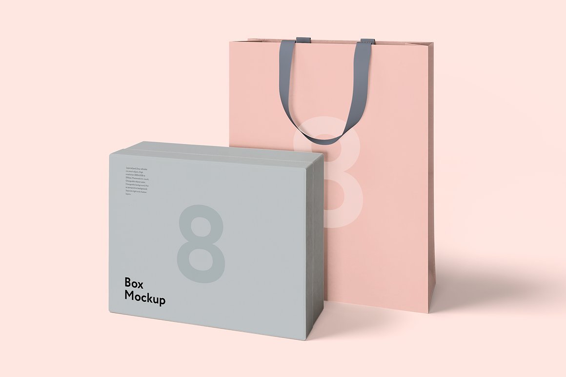 高端礼品盒包装手提袋VI品牌样机PSD模版 Box & Bag Mockup Set 8 Psd_img_2