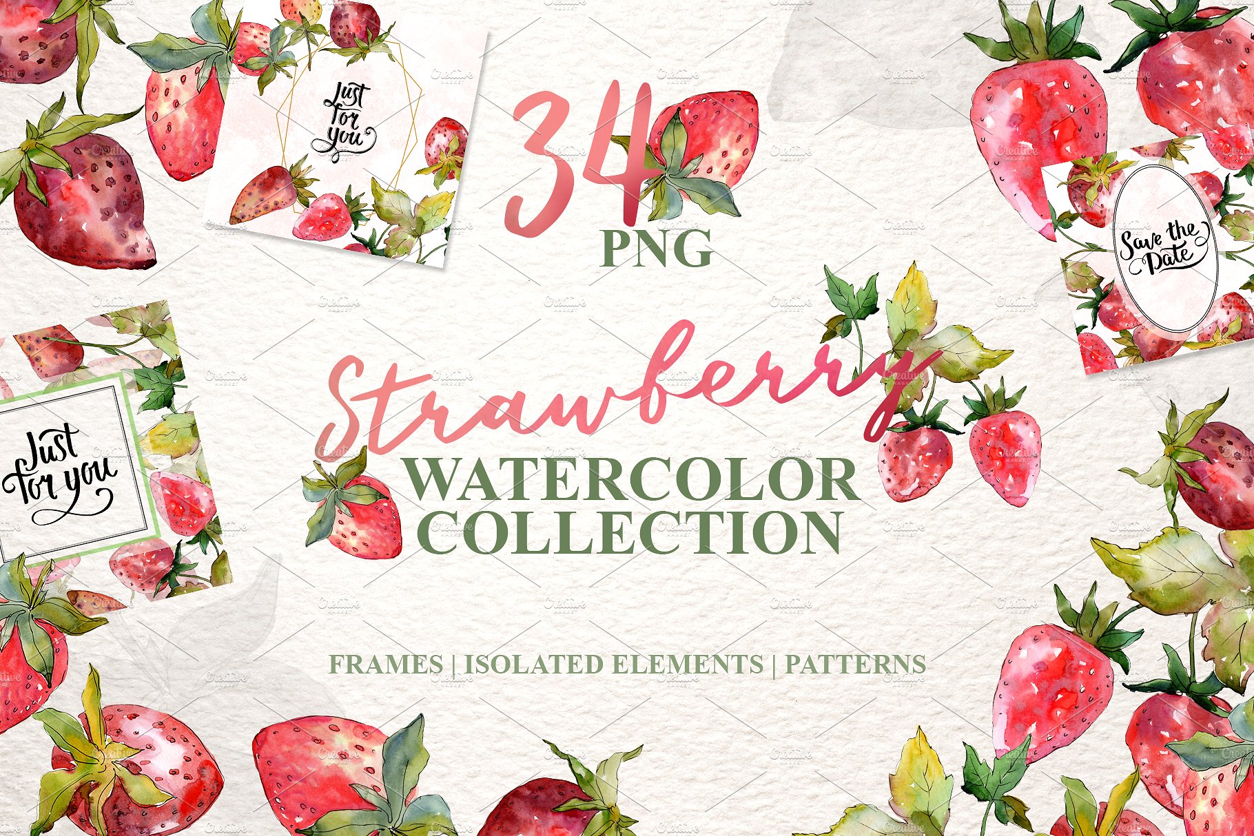 34个手绘草莓水彩PNG剪贴画集合 34 Strawberry Collection Watercolor Png_img_2