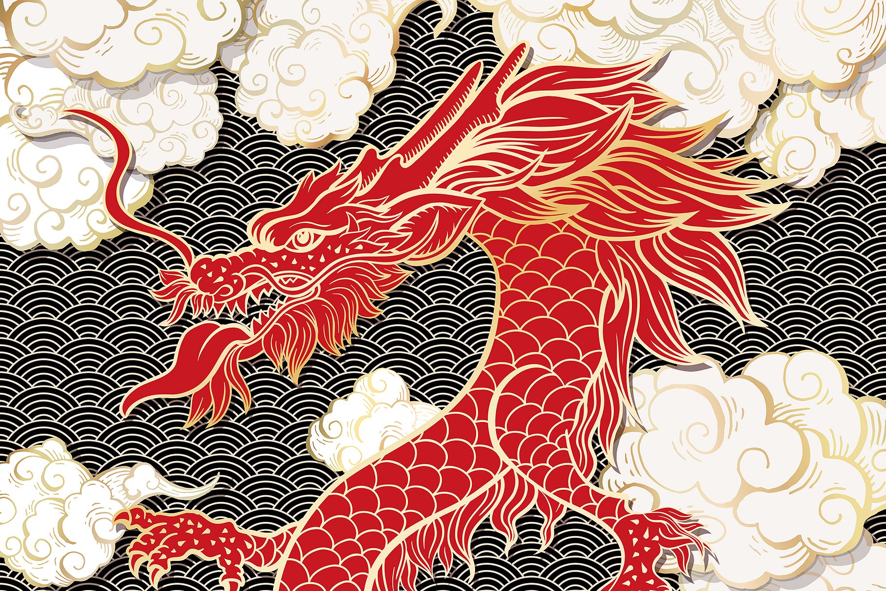 手绘中国风格中国龙AI矢量插图 Hand Drawn Chinese Style Chinese Dragon Illustrator Vector illustration_img_2