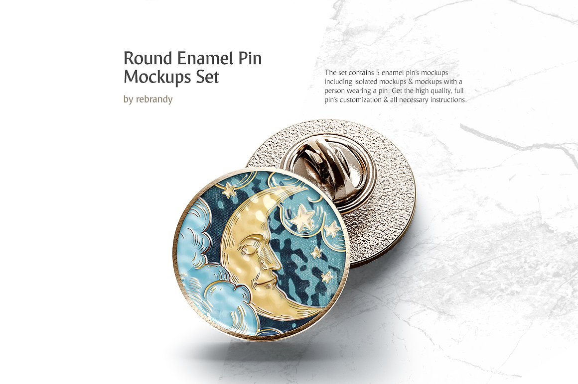 5个圆形的珐琅针胸牌胸章样机套装 5 Round Enamel Pin Mockups Set_img_2