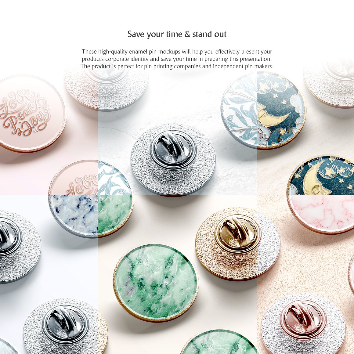 5个圆形的珐琅针胸牌胸章样机套装 5 Round Enamel Pin Mockups Set_img_2