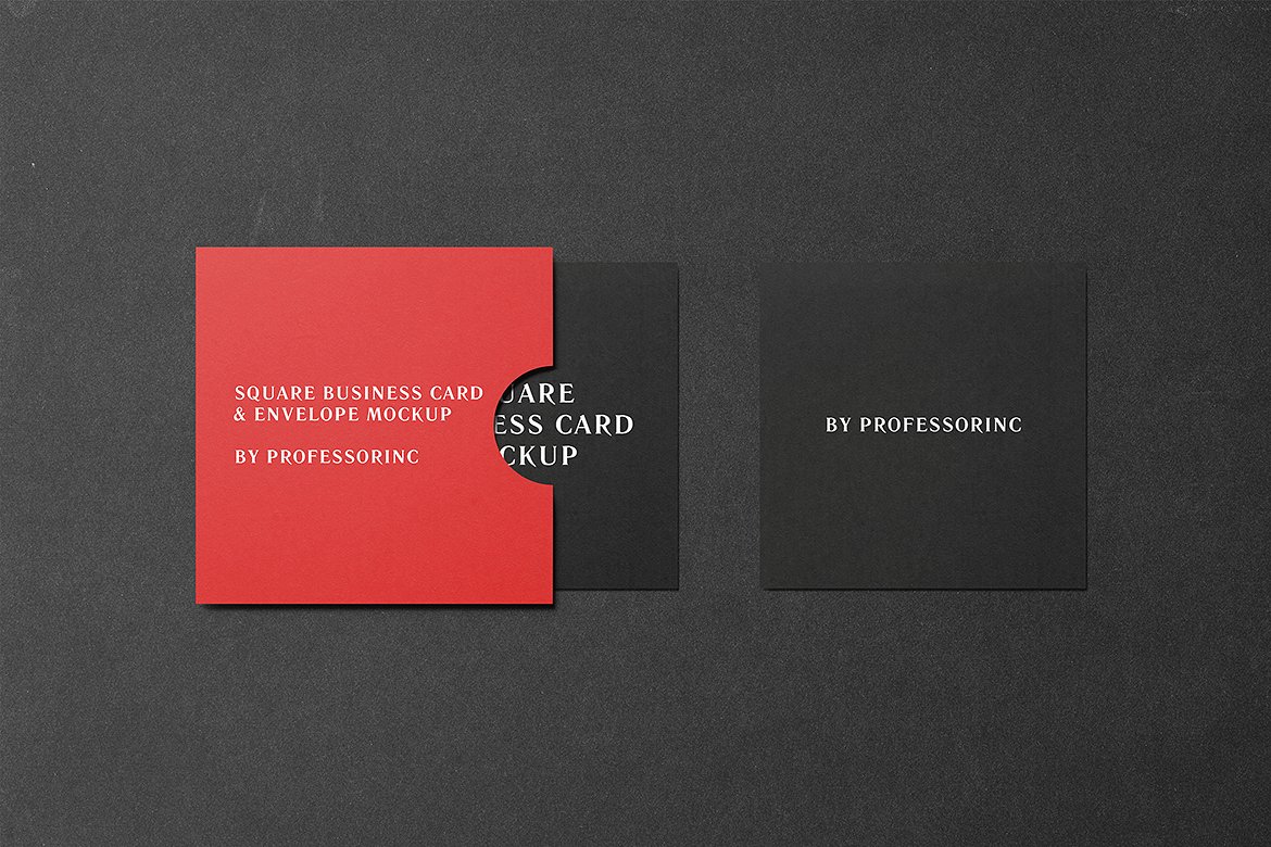 黑色的办公文具方形名片样机 Square Business Card Mockup - Black Edition_img_2