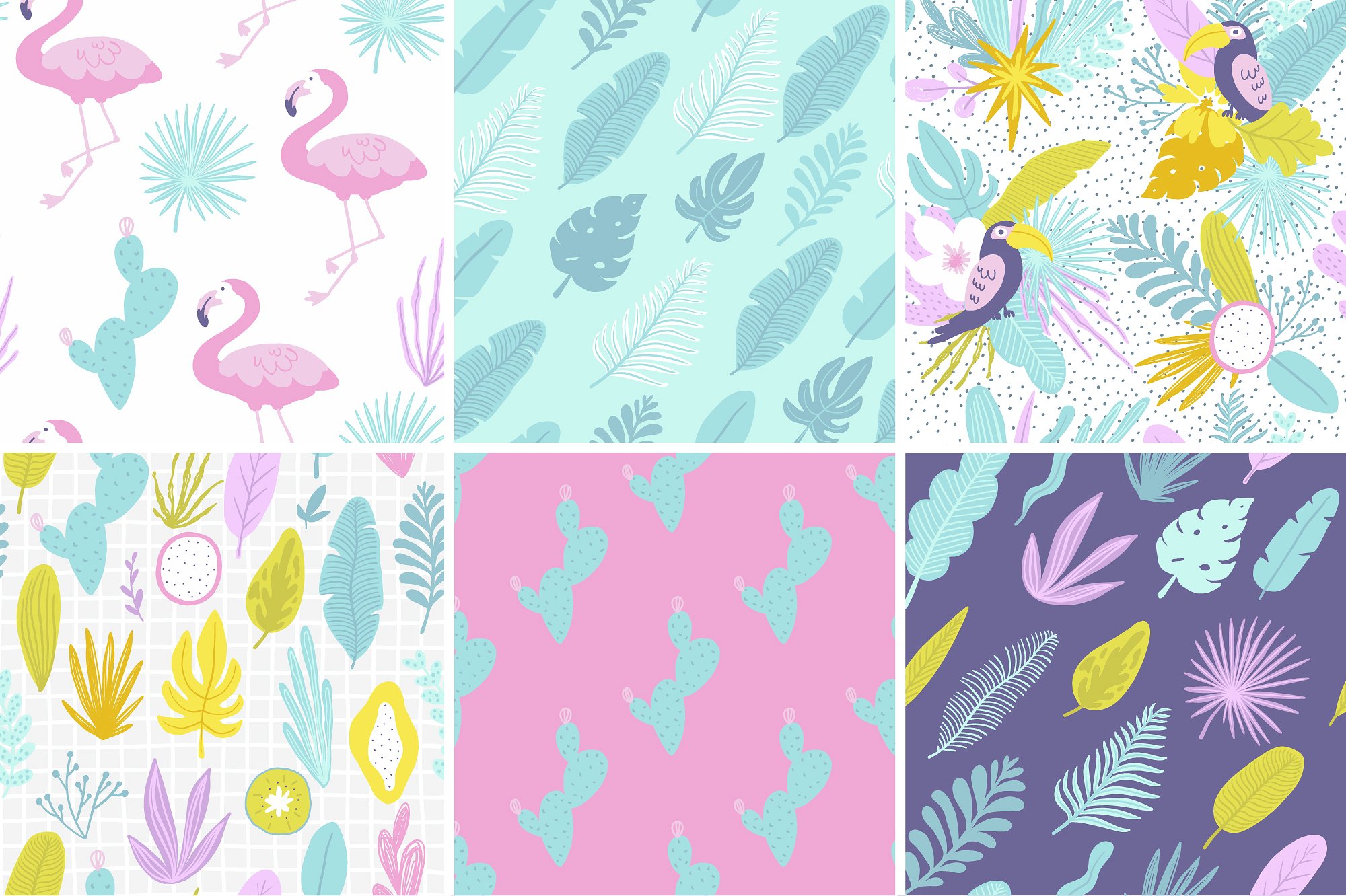 热带天堂夏季矢量动植物图案套装 Tropical Paradise Summer Vector Animal and Plant Pattern Set_img_2