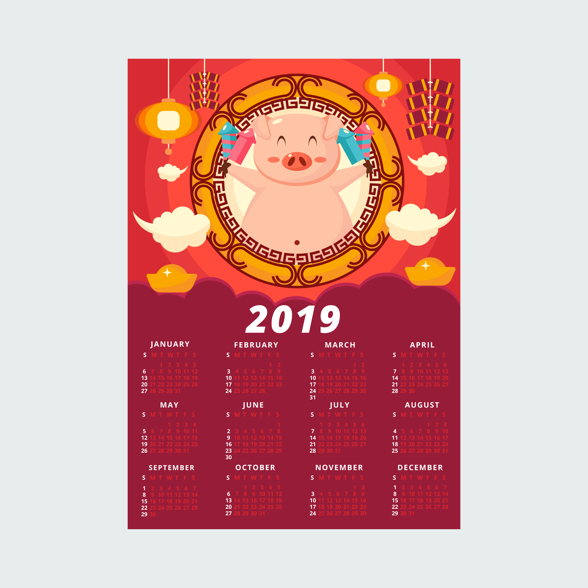 时尚简约的2019新年挂历日历矢量素材模板 Stylish Minimalist 2019 New Year Calendar Calendar Vector Material Template_img_2