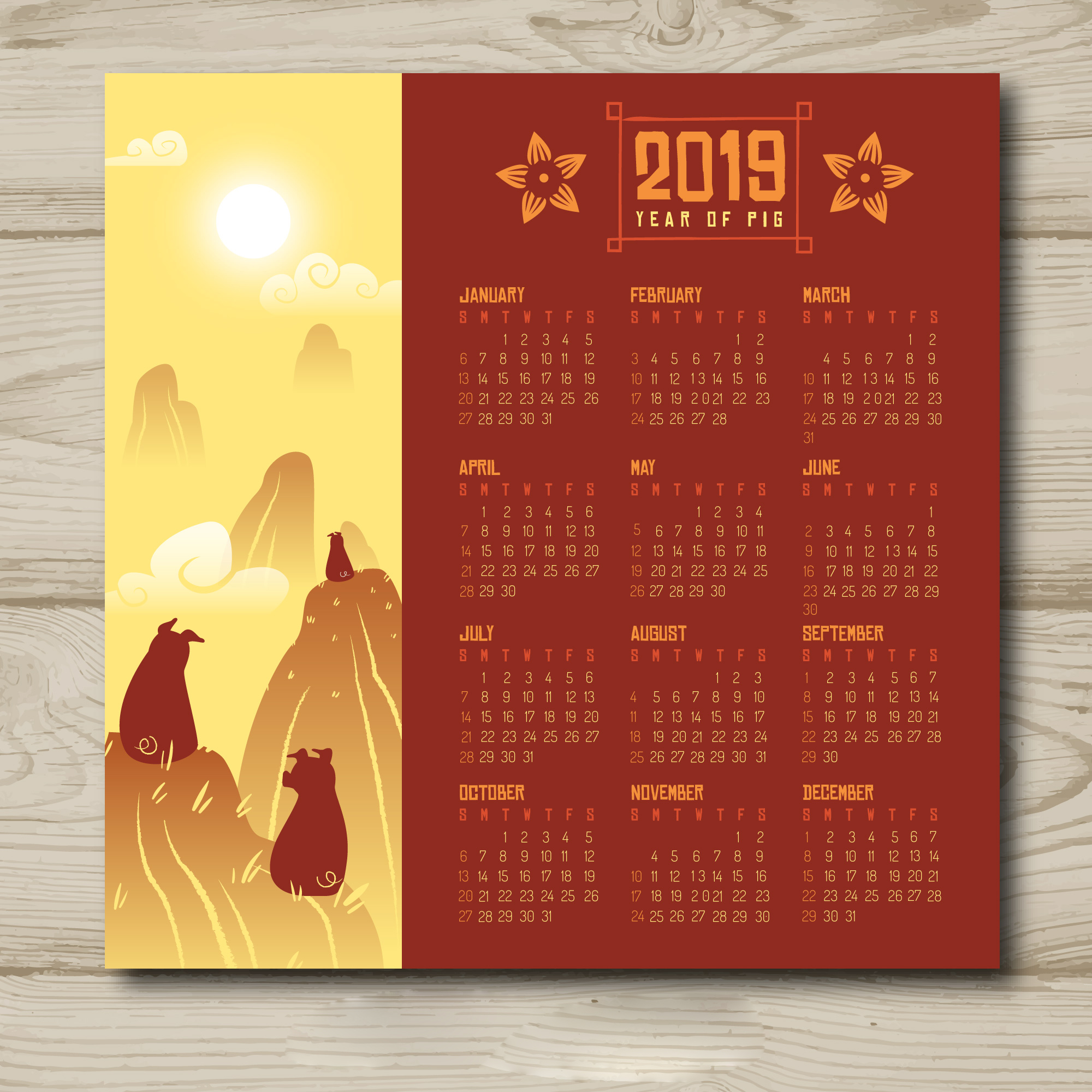 时尚简约的2019新年挂历日历矢量素材模板 Stylish Minimalist 2019 New Year Calendar Calendar Vector Material Template_img_2