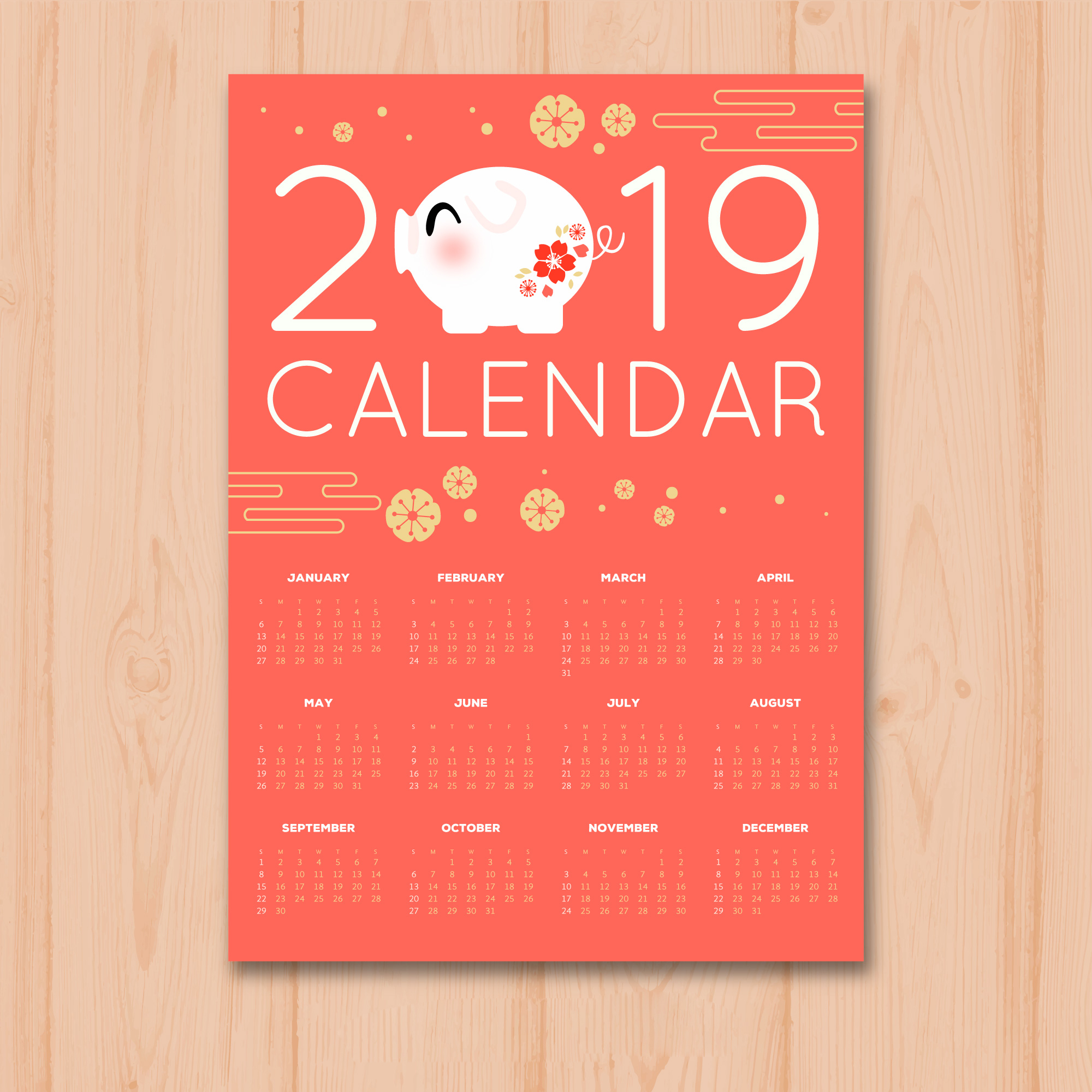 时尚简约的2019新年挂历日历矢量素材模板 Stylish Minimalist 2019 New Year Calendar Calendar Vector Material Template_img_2