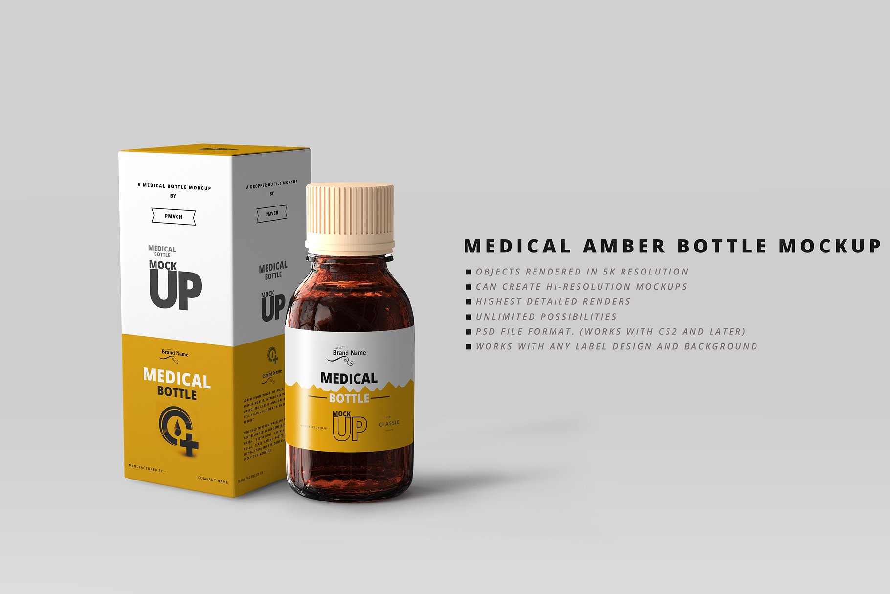 琥珀色玻璃瓶药瓶样机 Amber Medicine Bottle Mockups_img_2