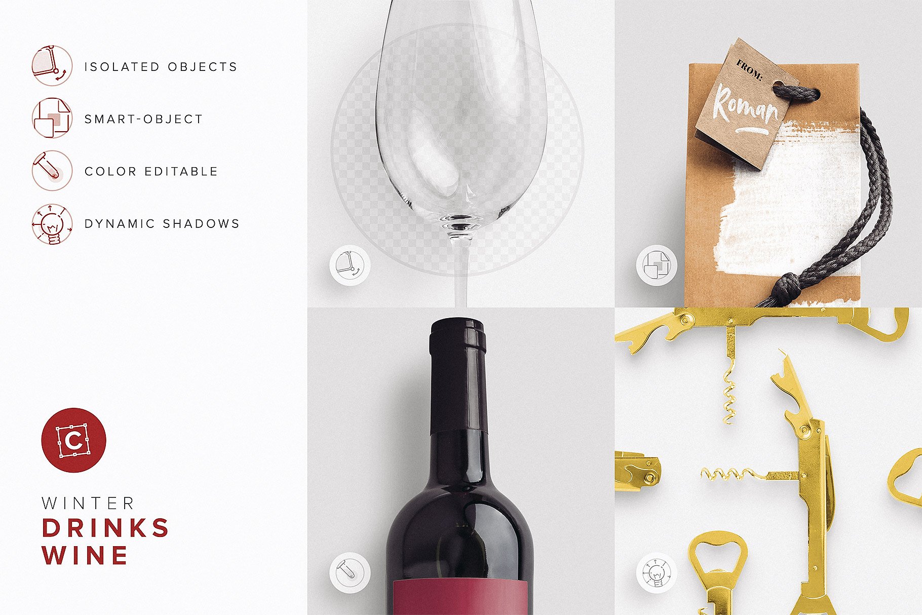 高端葡萄酒瓶酒杯和礼品袋PSD样机 Wine Bottle Glass Bag PSD Mockup_img_2