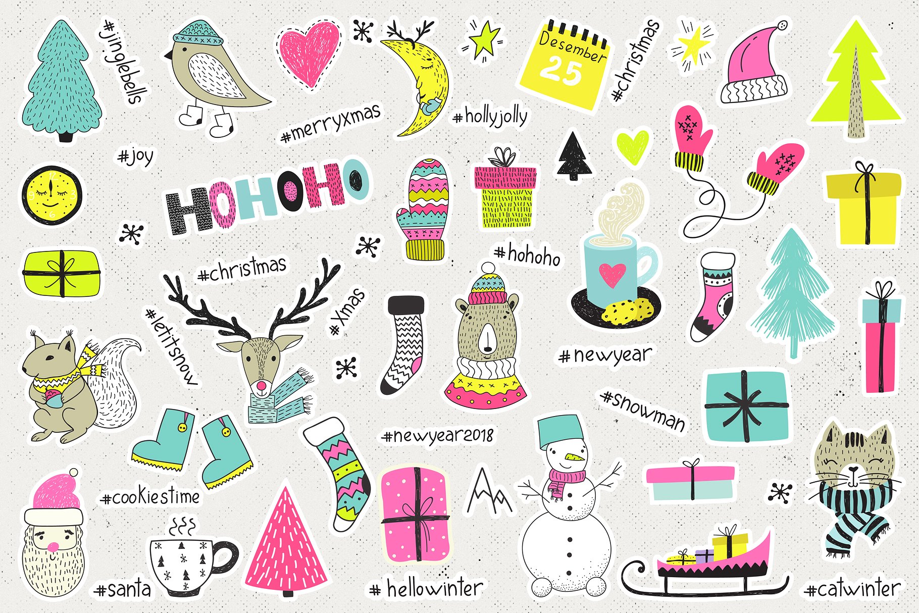 酷炫的圣诞节假日手绘图案集 Cool Christmas Holiday Hand Drawn Pattern Set_img_2