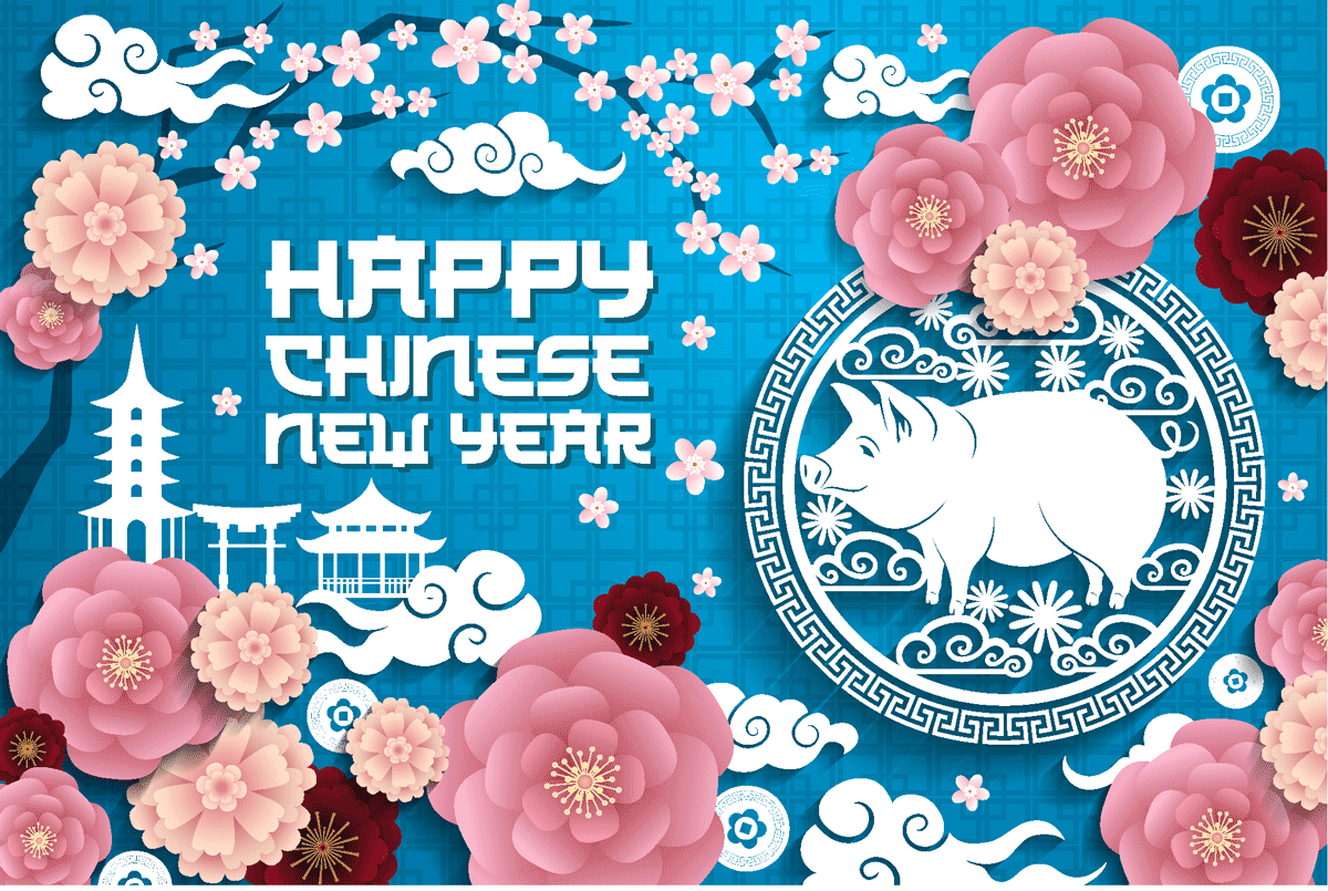 蓝色的新年猪年背景 Blue New Year Backgrounds With Pigs_img_2