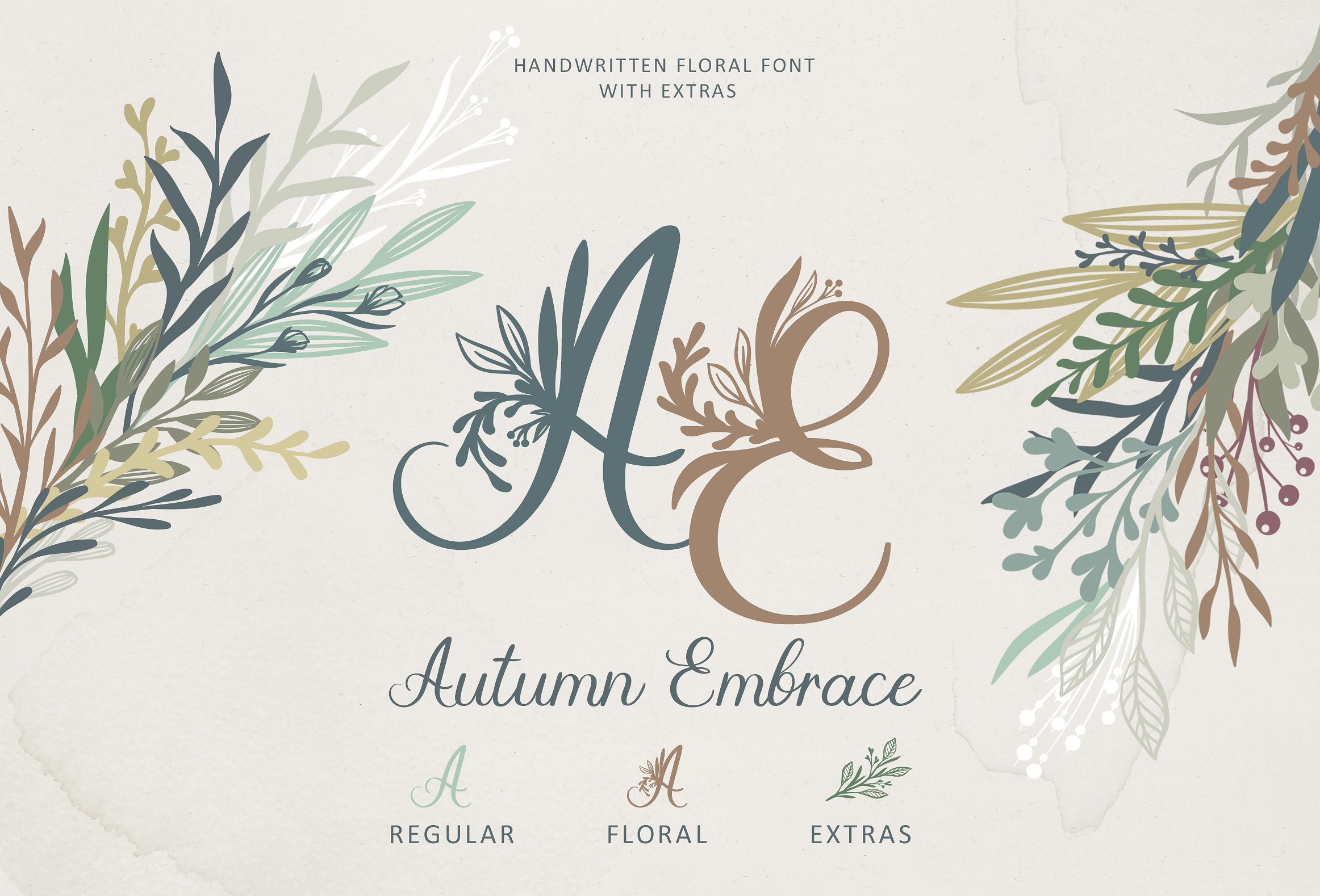 秋季优雅的花卉装饰女性字体 Autumn Elegant Floral Ornament Female Font_img_2