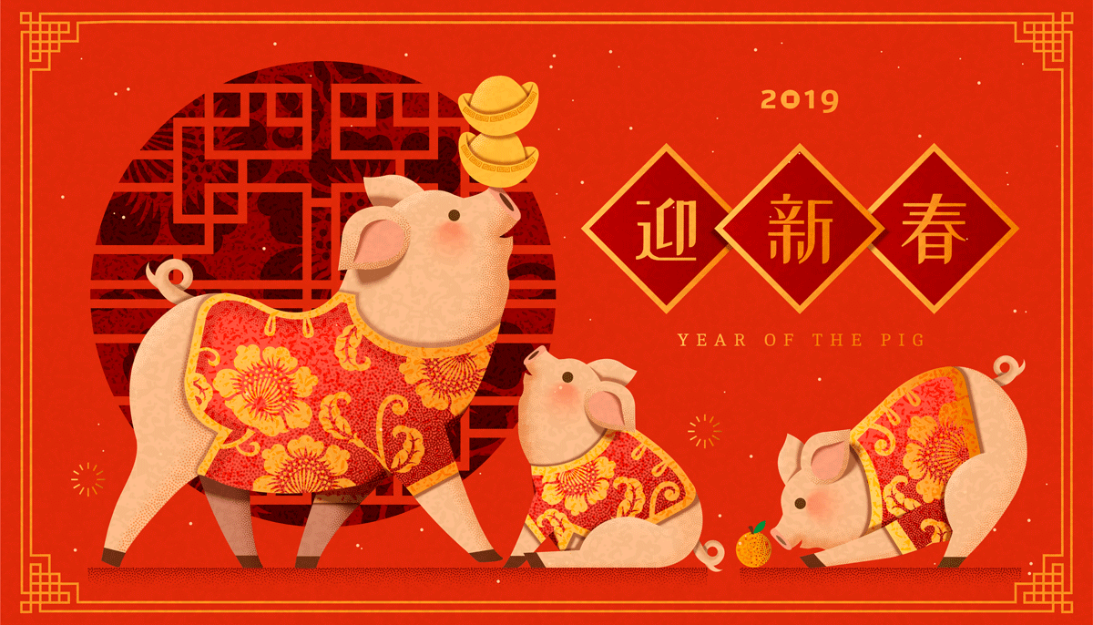 中国2019新年猪年矢量贺卡 Chinese vector greeting card for 2019 New Year, sign pig_img_2