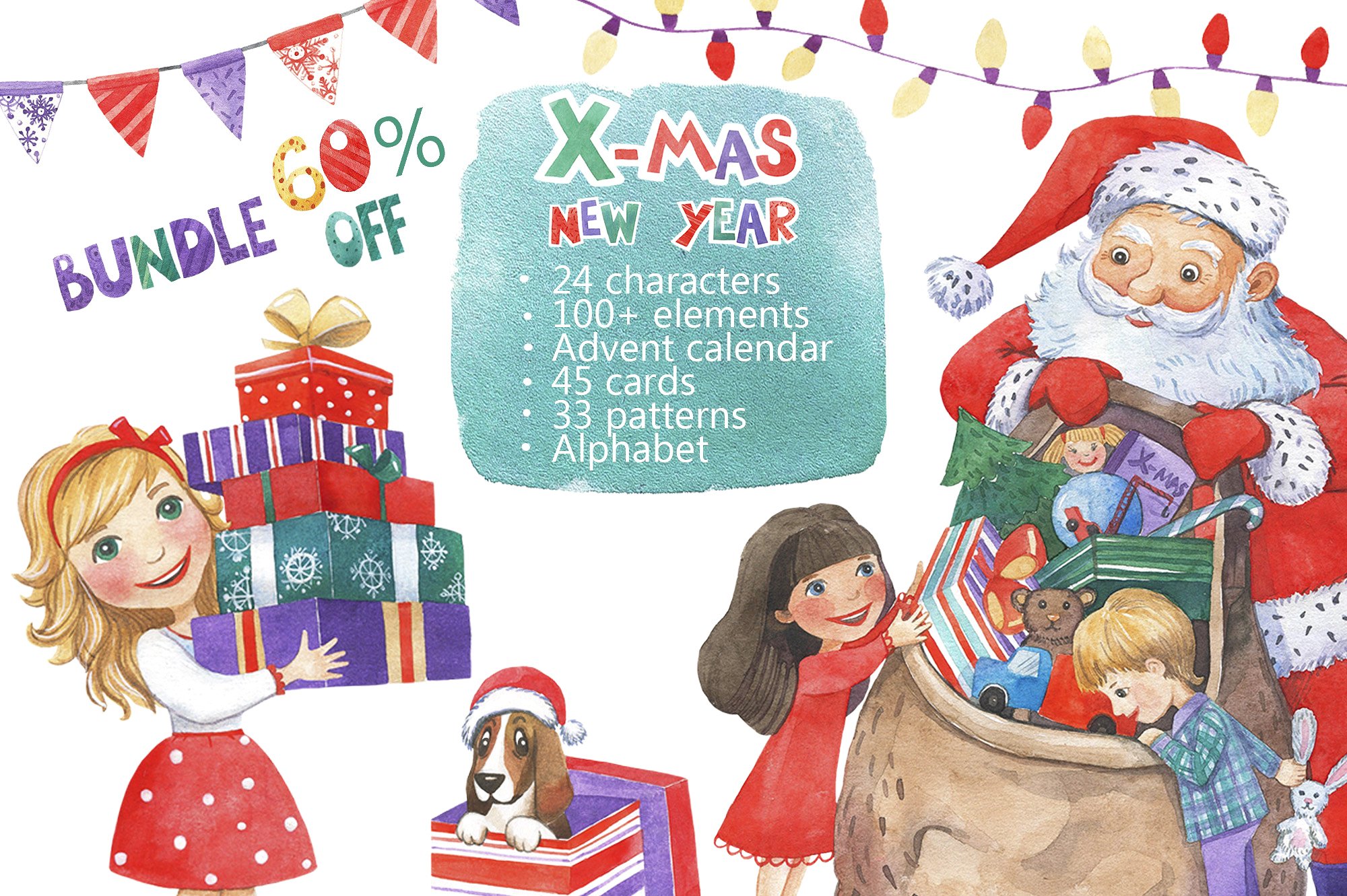 超级幸福的手绘水彩圣诞节快乐图案集 Watercolor Christmas Fun Bundle_img_2