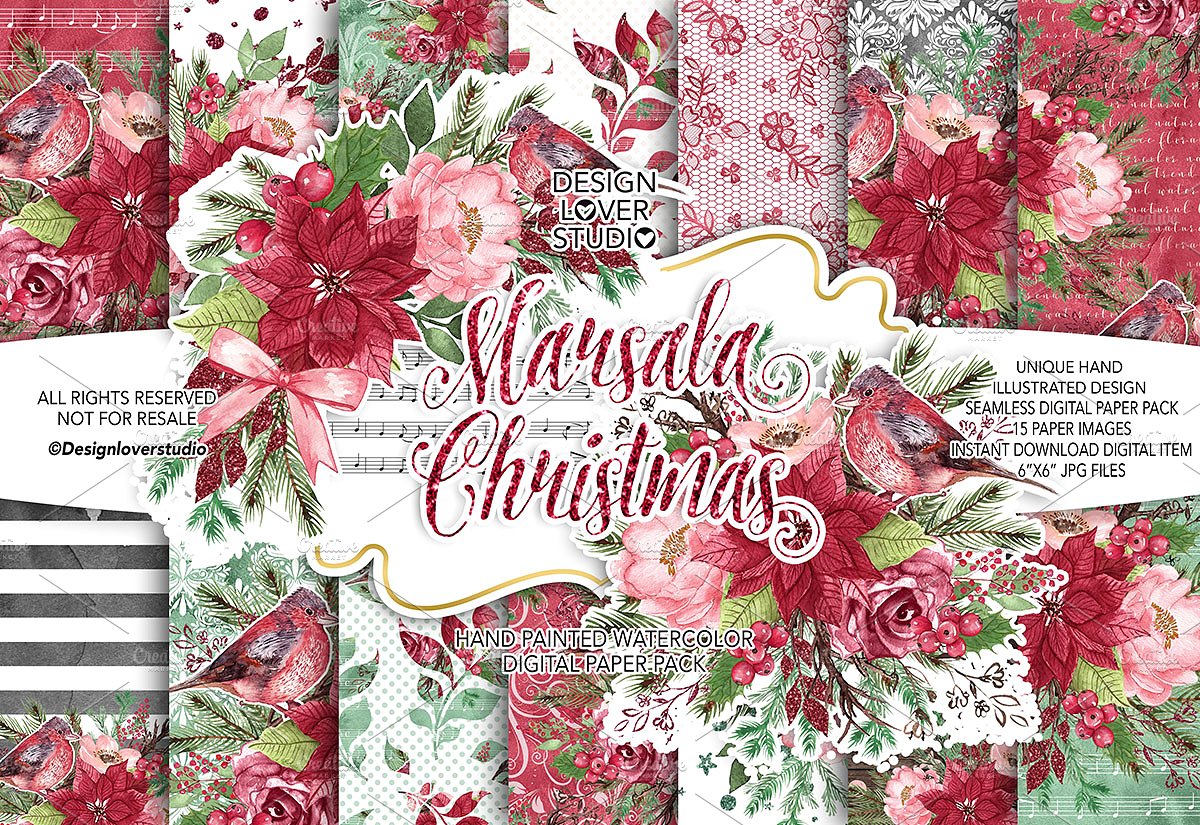 独特的圣诞节手绘水彩花卉画集 Marsala Christmas Design_img_2