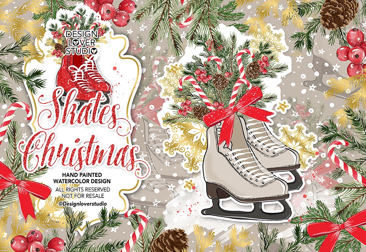 手绘水彩溜冰鞋圣诞剪贴画 Skates Christmas Design_img_2