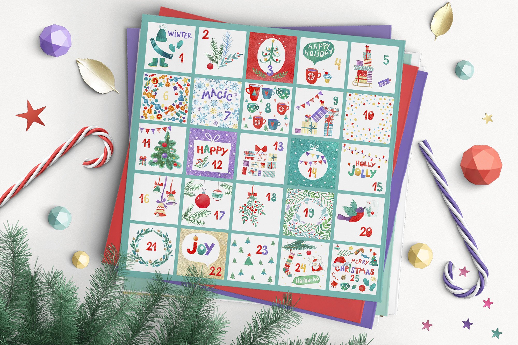 超级幸福的手绘水彩圣诞节快乐图案集 Watercolor Christmas Fun Bundle_img_2