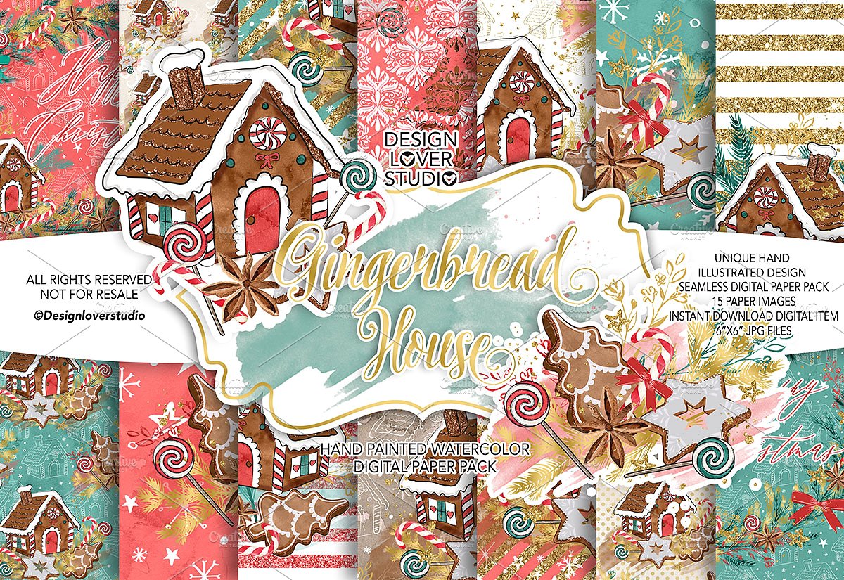 可爱的圣诞房屋数码包装纸 Gingerbread House Digital Paper Pack_img_2