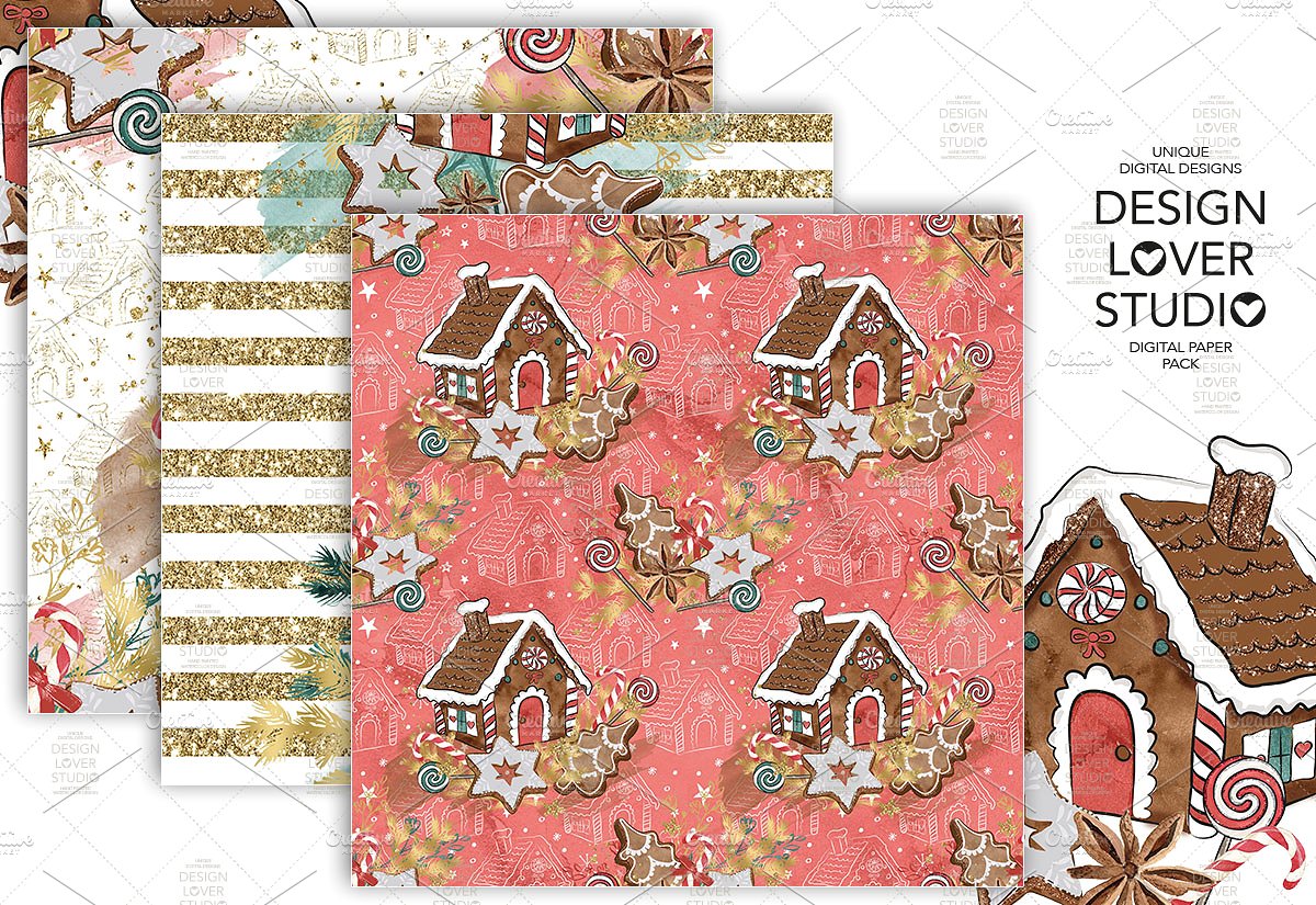 可爱的圣诞房屋数码包装纸 Gingerbread House Digital Paper Pack_img_2