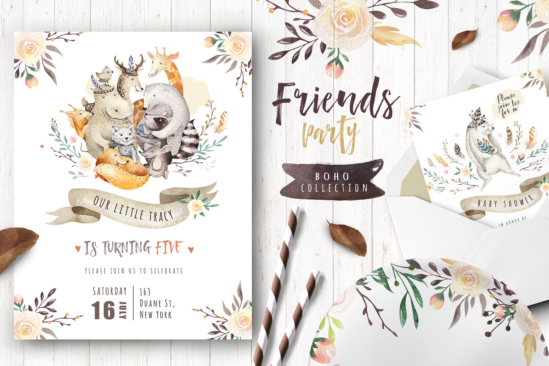 高品质的手绘波西米亚风格动物插图 Friends party.Boho collection_img_2