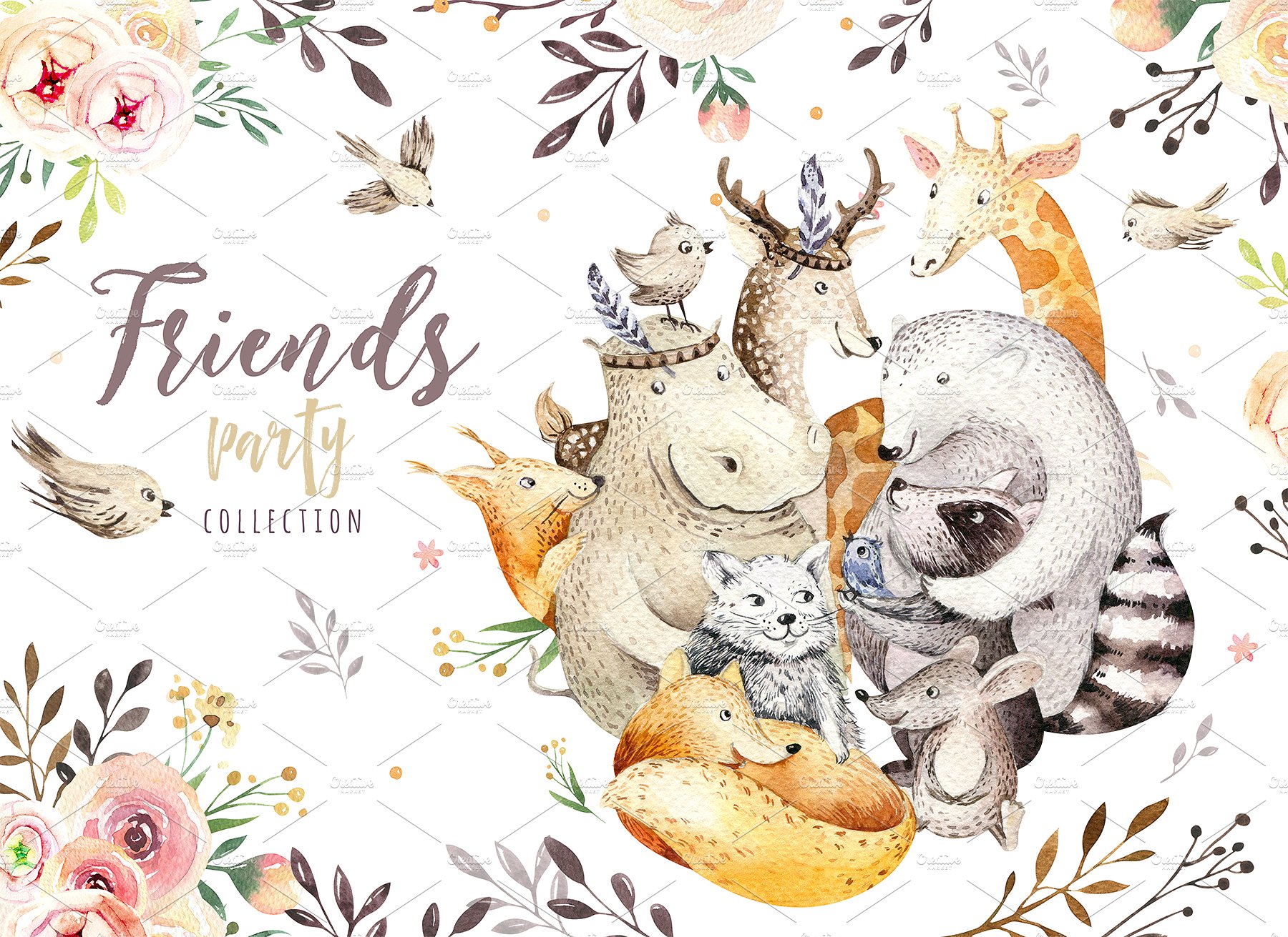 高品质的手绘波西米亚风格动物插图 Friends party.Boho collection_img_2