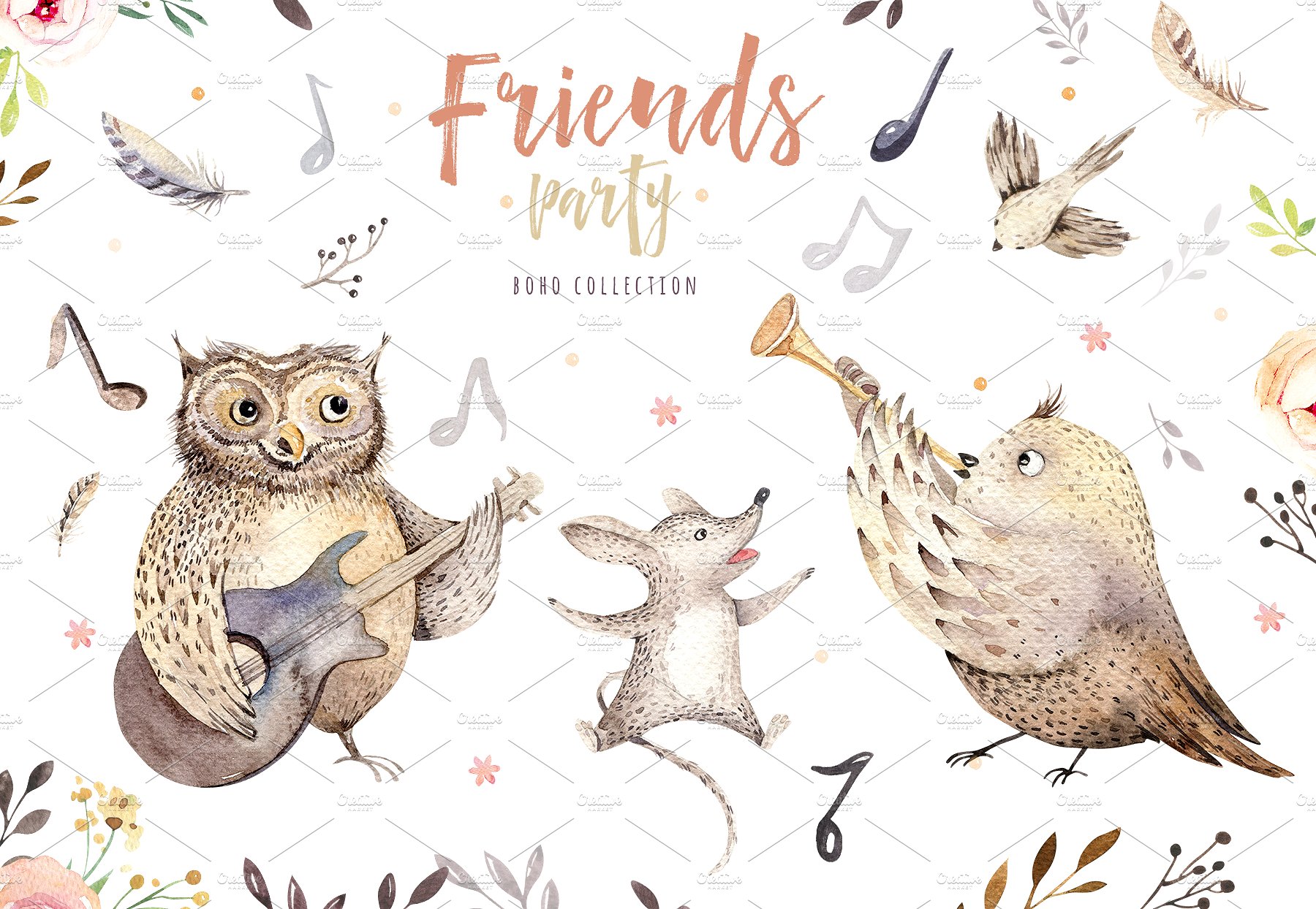 高品质的手绘波西米亚风格动物插图 Friends party.Boho collection_img_2