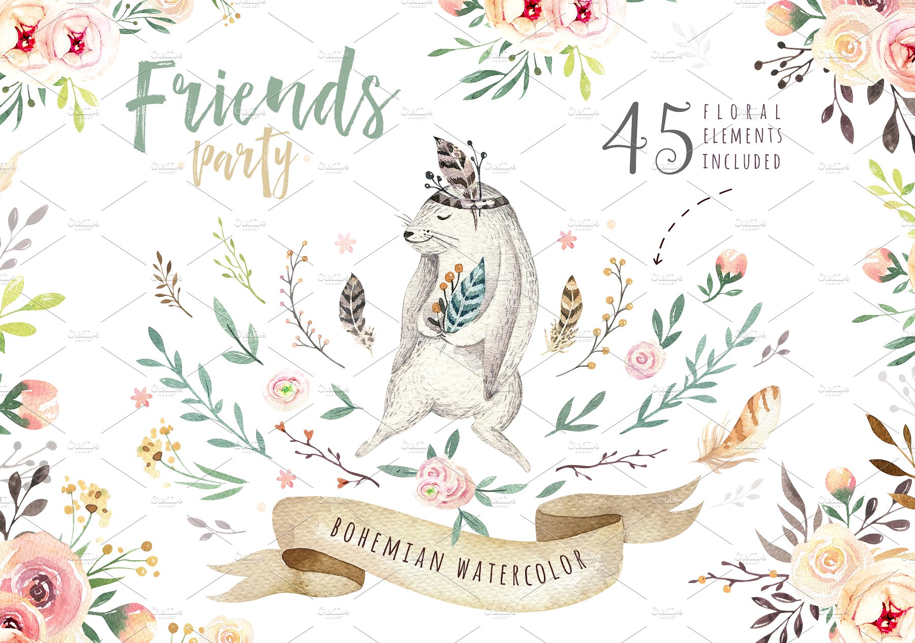 高品质的手绘波西米亚风格动物插图 Friends party.Boho collection_img_2