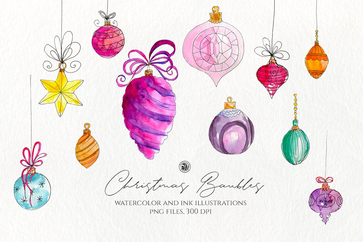 圣诞节水彩小玩意画集 Christmas Watercolor Baubles Set_img_2