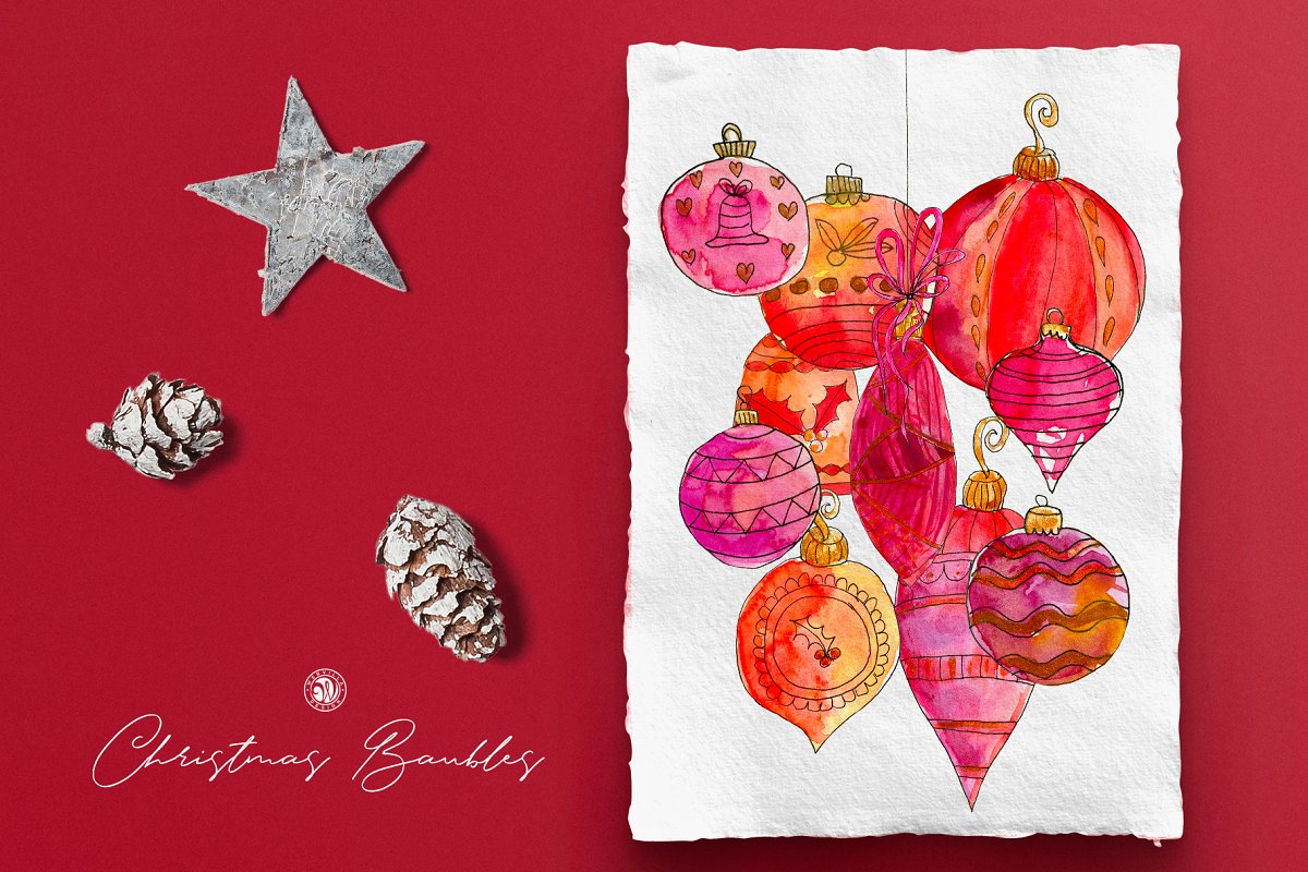 圣诞节水彩小玩意画集 Christmas Watercolor Baubles Set_img_2