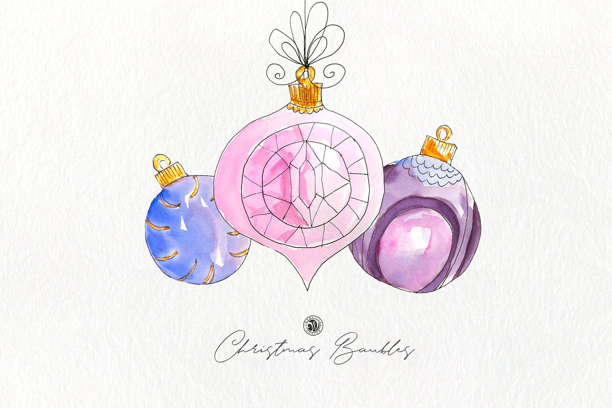 圣诞节水彩小玩意画集 Christmas Watercolor Baubles Set_img_2