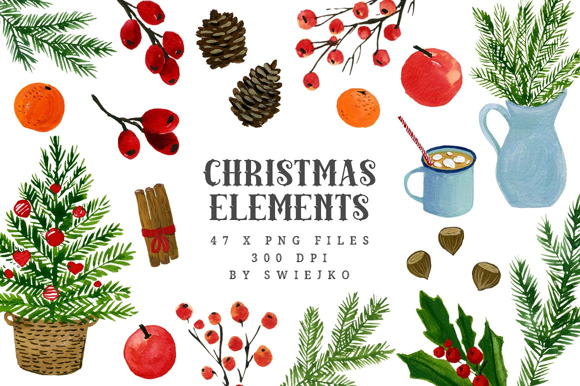 水彩圣诞剪贴画 Watercolor Christmas Clipart_img_2