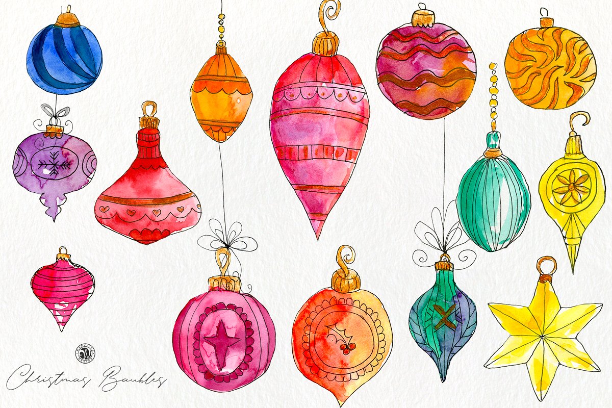 圣诞节水彩小玩意画集 Christmas Watercolor Baubles Set_img_2