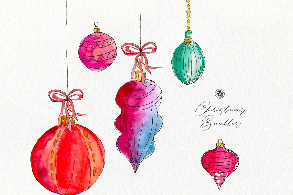 圣诞节水彩小玩意画集 Christmas Watercolor Baubles Set_img_2