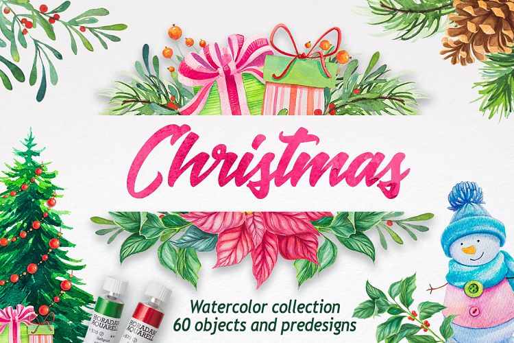 手绘圣诞节元素的水彩画集 Hand Drawn Watercolor Set Of Christmas Elements_img_2