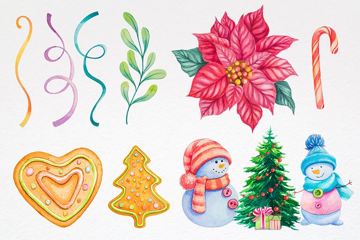 手绘圣诞节元素的水彩画集 Hand Drawn Watercolor Set Of Christmas Elements_img_2