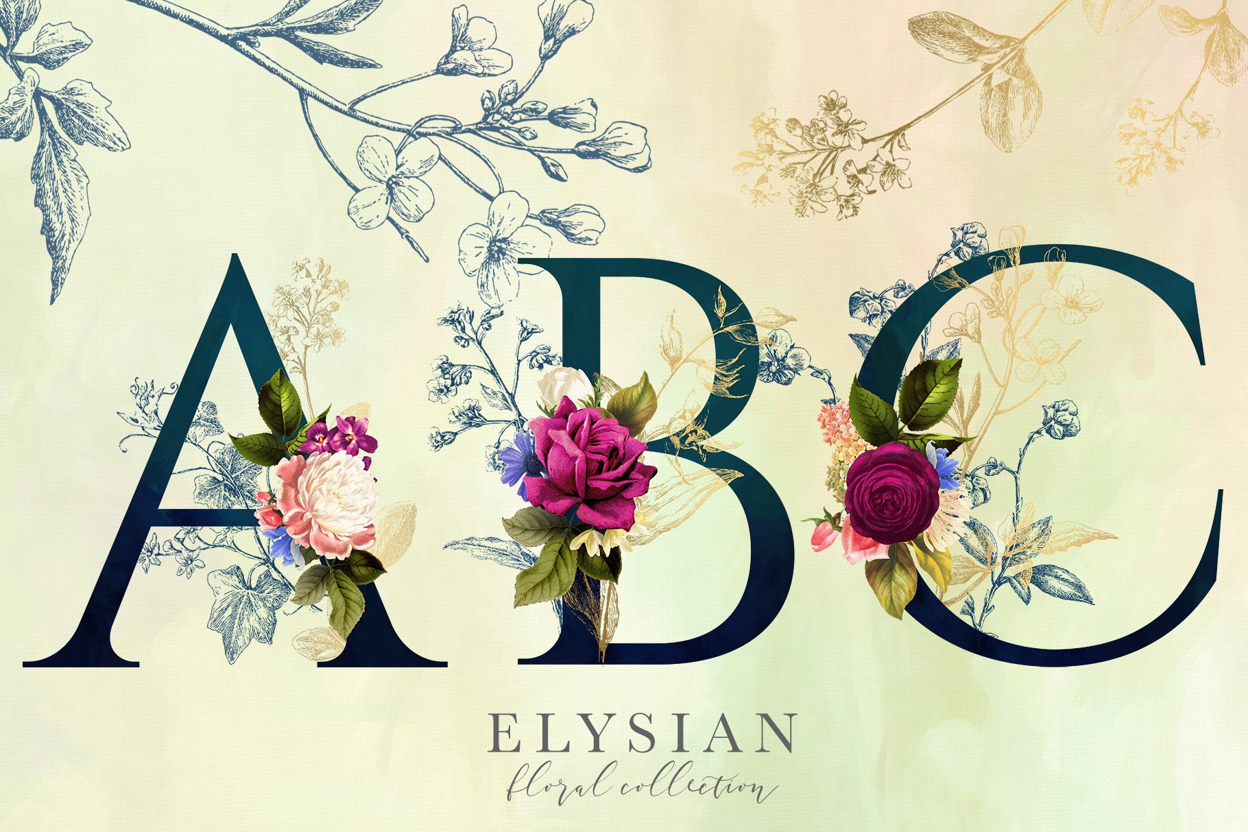 高清复古字母花卉PNG透明免抠图片合集 Elysian Floral Collection_img_2