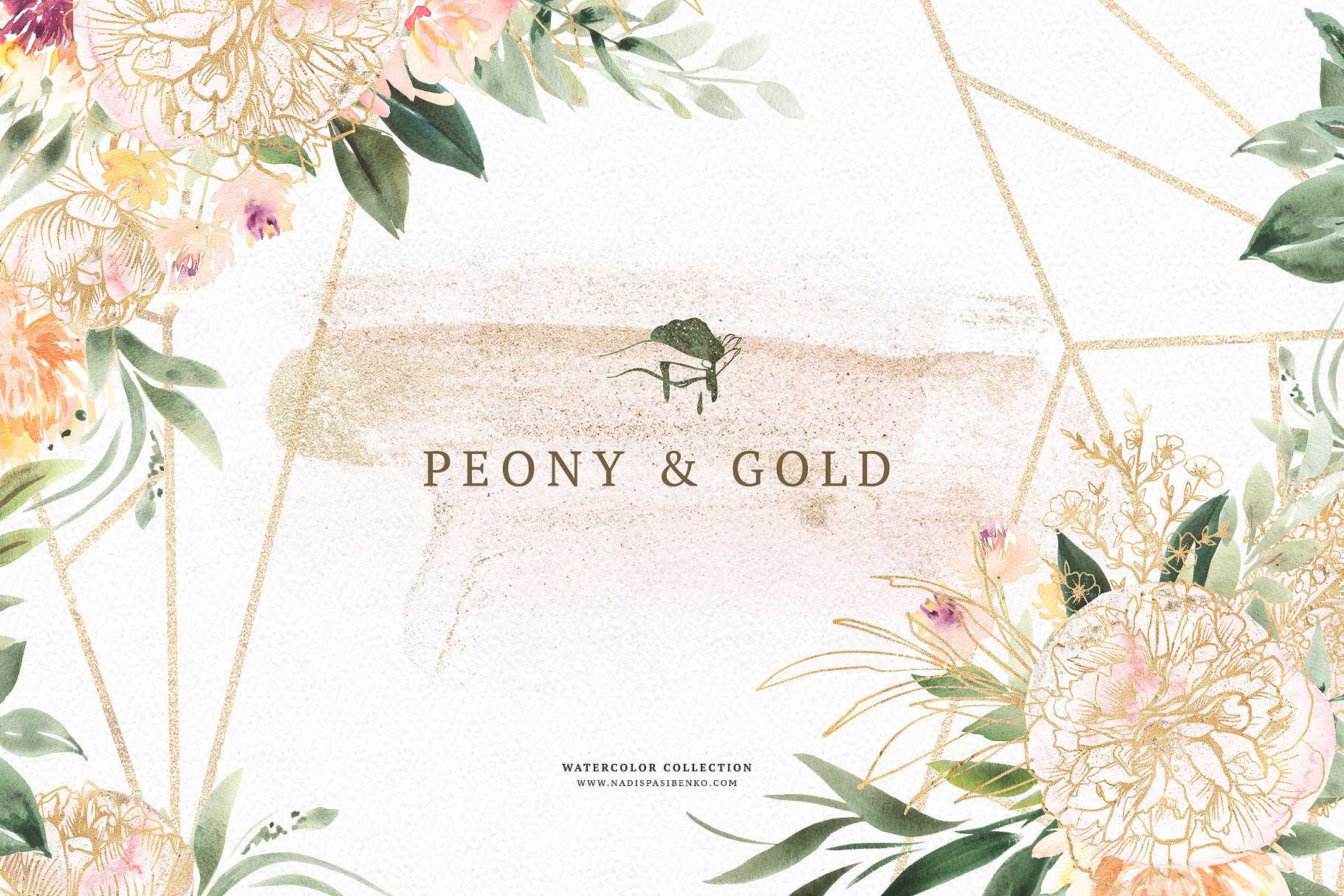 柔和丰富多彩的手绘植物图案集合 Watercolor Peony & Gold_img_2