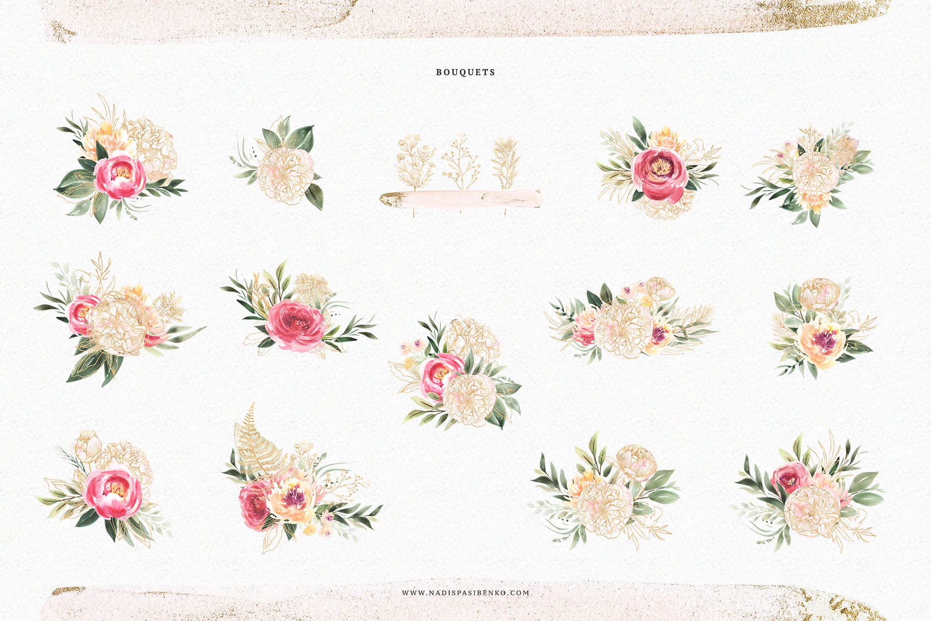 柔和丰富多彩的手绘植物图案集合 Watercolor Peony & Gold_img_2