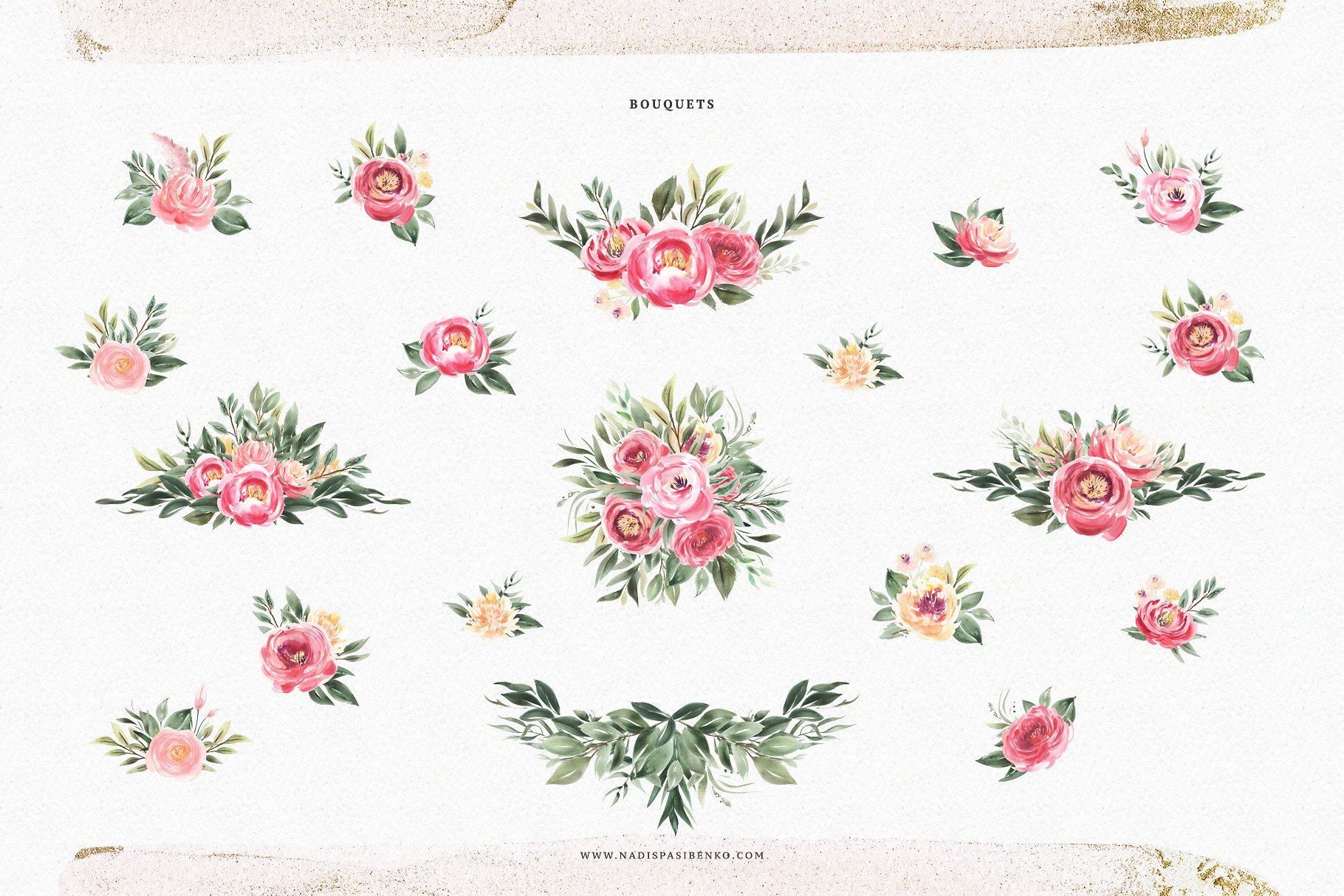 柔和丰富多彩的手绘植物图案集合 Watercolor Peony & Gold_img_2